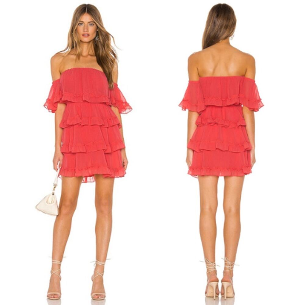 Misa Famke Off-The-Shoulder Ruffle Mini Dress Barbiecore Coral Pink Womens Sz XS